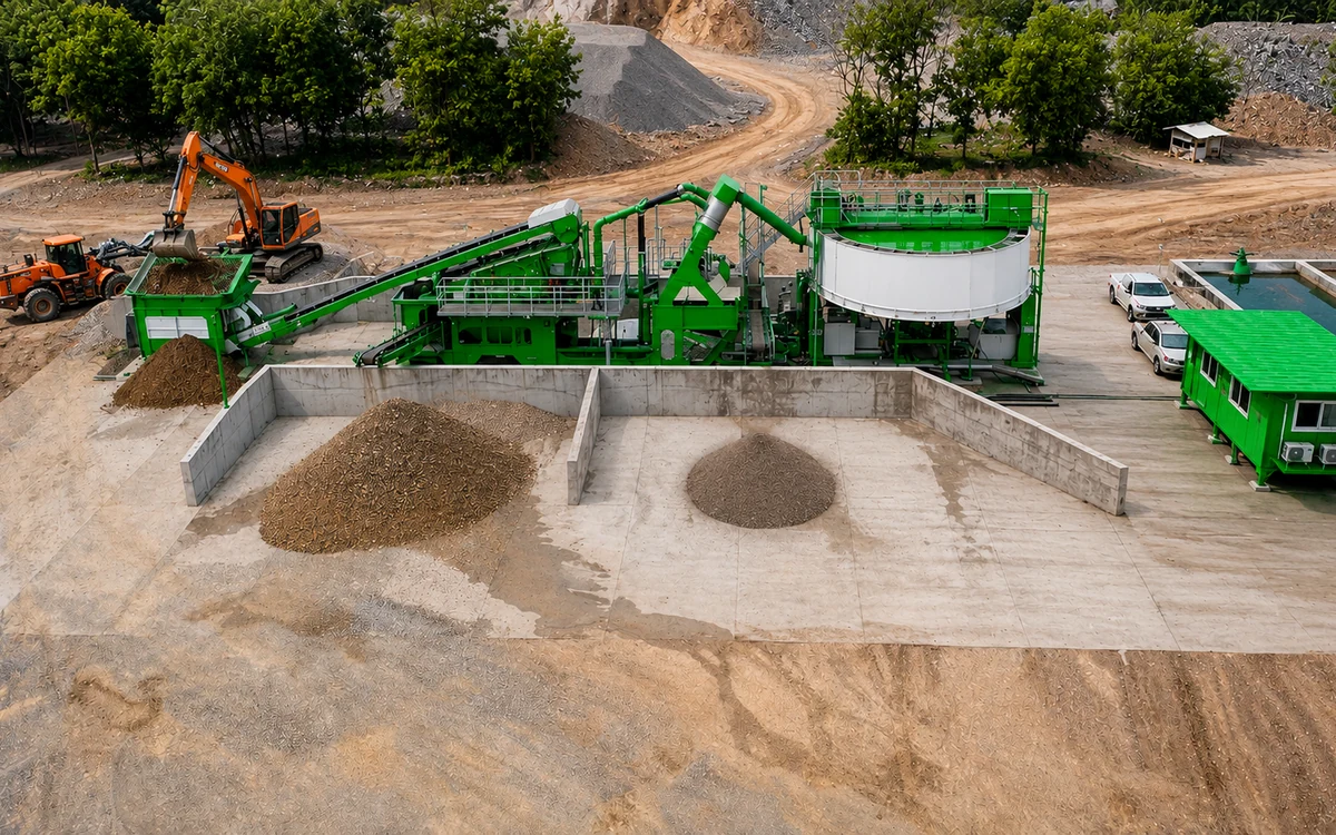 Aerial view of a CFlo Combo Multi E4 aggregate washing plant, an excavator charging the feed hopper at one end and two grades of washed aggregate stockpiled in concrete bays in front, with the thickener and the settling pond alongside