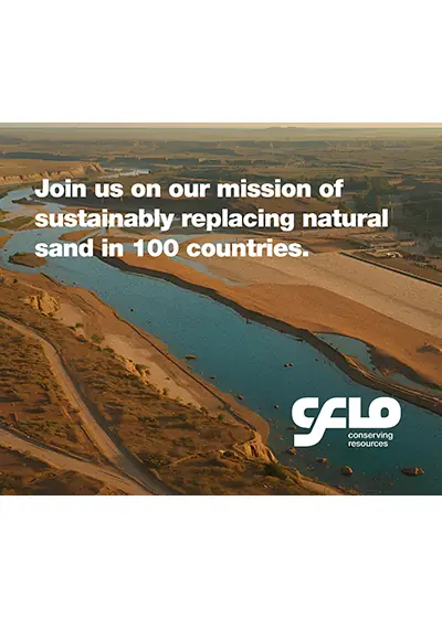 CFlo brochure cover over an aerial photograph of a braided river: join us on our mission of sustainably replacing natural sand in 100 countries