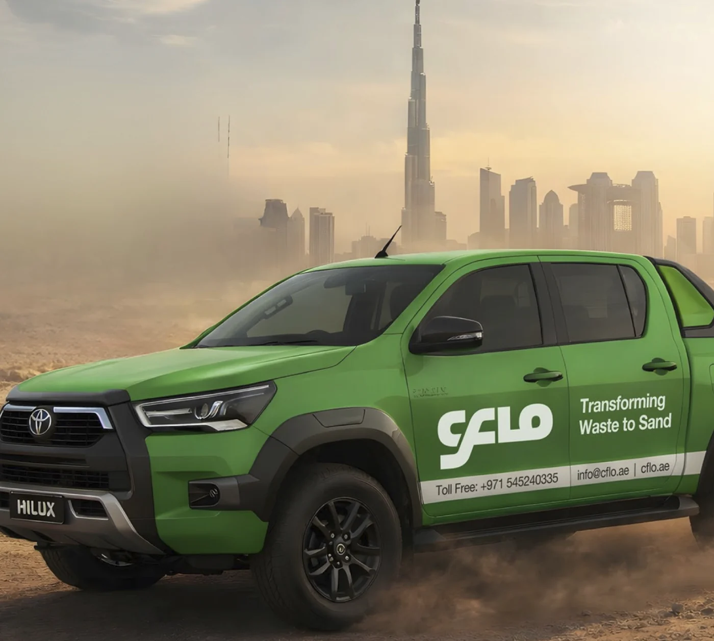 A CFlo Sevaforce service vehicle in the UAE, carrying the toll free support number, with the Dubai skyline behind it