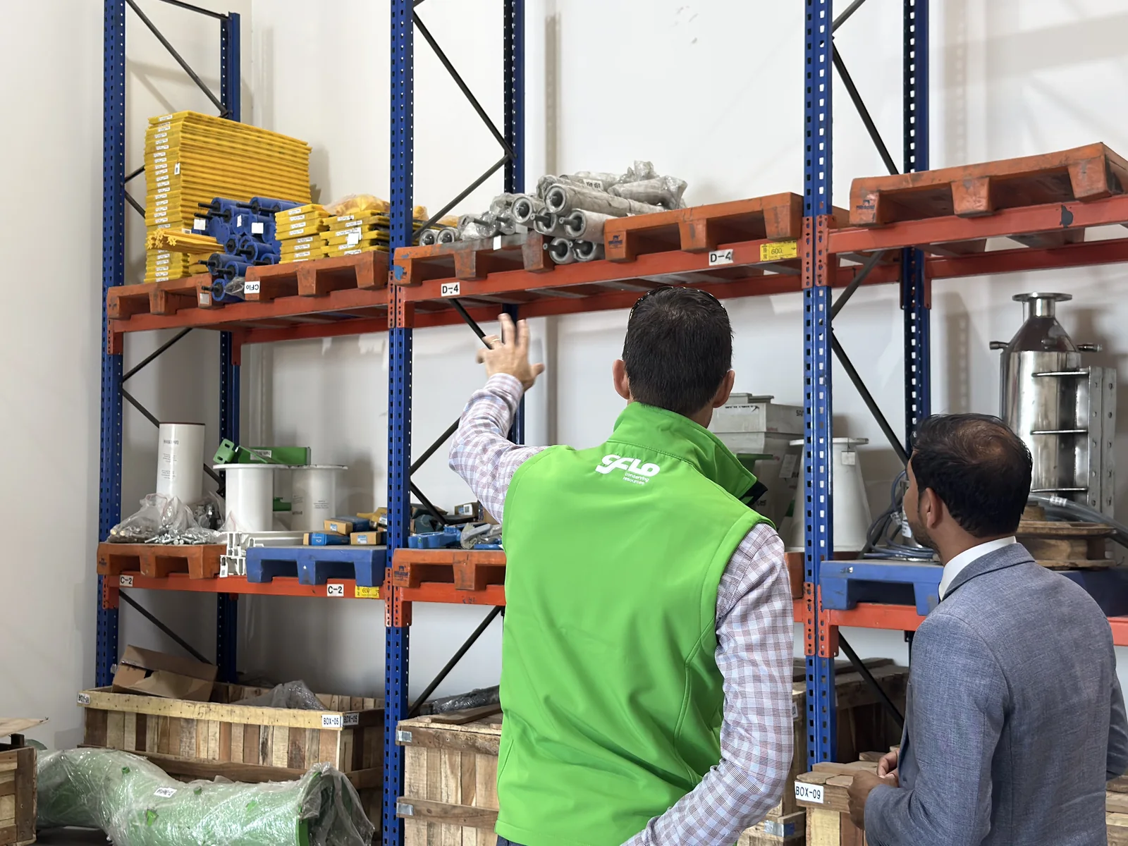 Palletised spare parts and consumables stocked at the CFlo World FZE regional warehouse in the Hamriyah Free Trade Zone, Sharjah