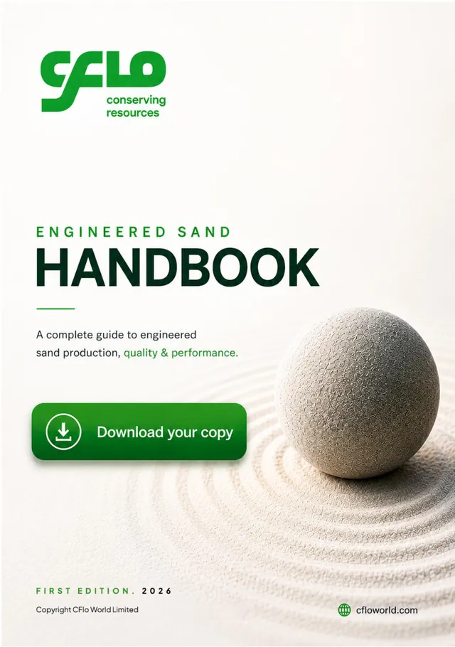 Cover of the CFlo Engineered Sand Handbook, its title set over a photograph of washed manufactured sand