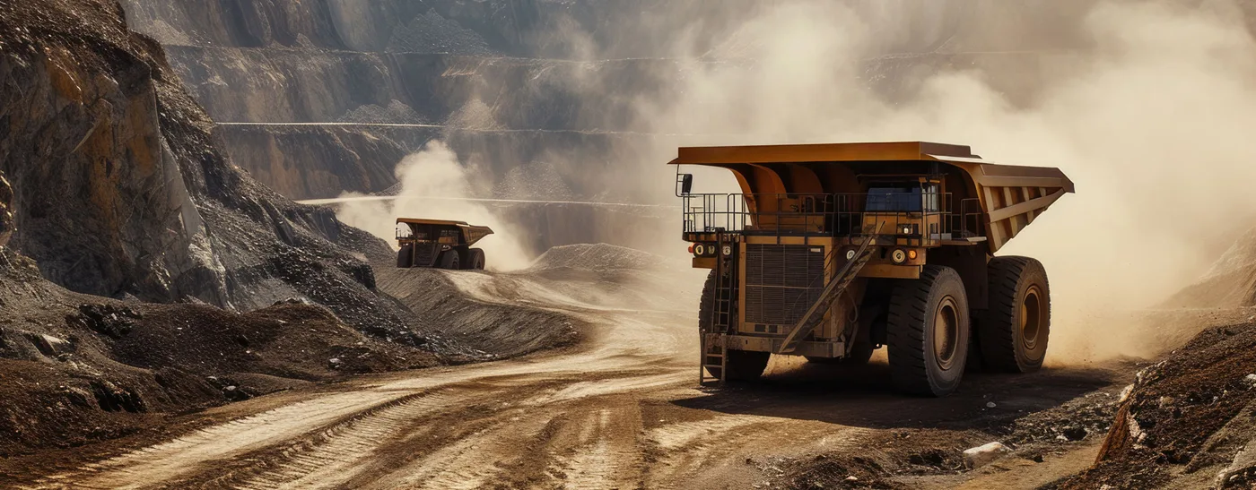 A haul truck climbing a dusty mine haul road with the pit wall behind