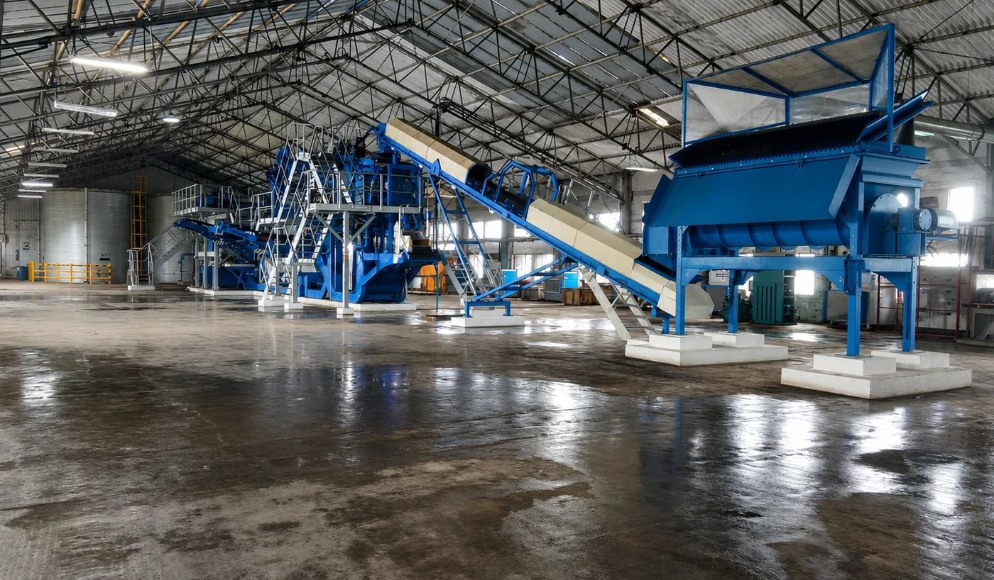 Wide view of the Kodaikanal soil remediation plant under its shed roof, the washing and classification line on galvanised access steelwork with an operator on the upper walkway