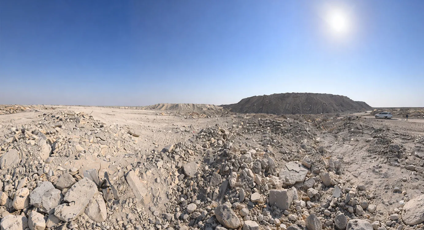 A wide field of blasted rock and boulders under a bright sun