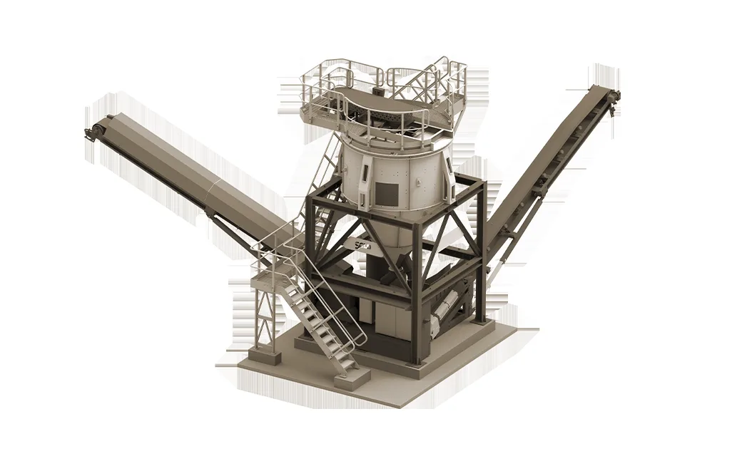 A technical render of a plant tower with symmetrical conveyors and access stairs