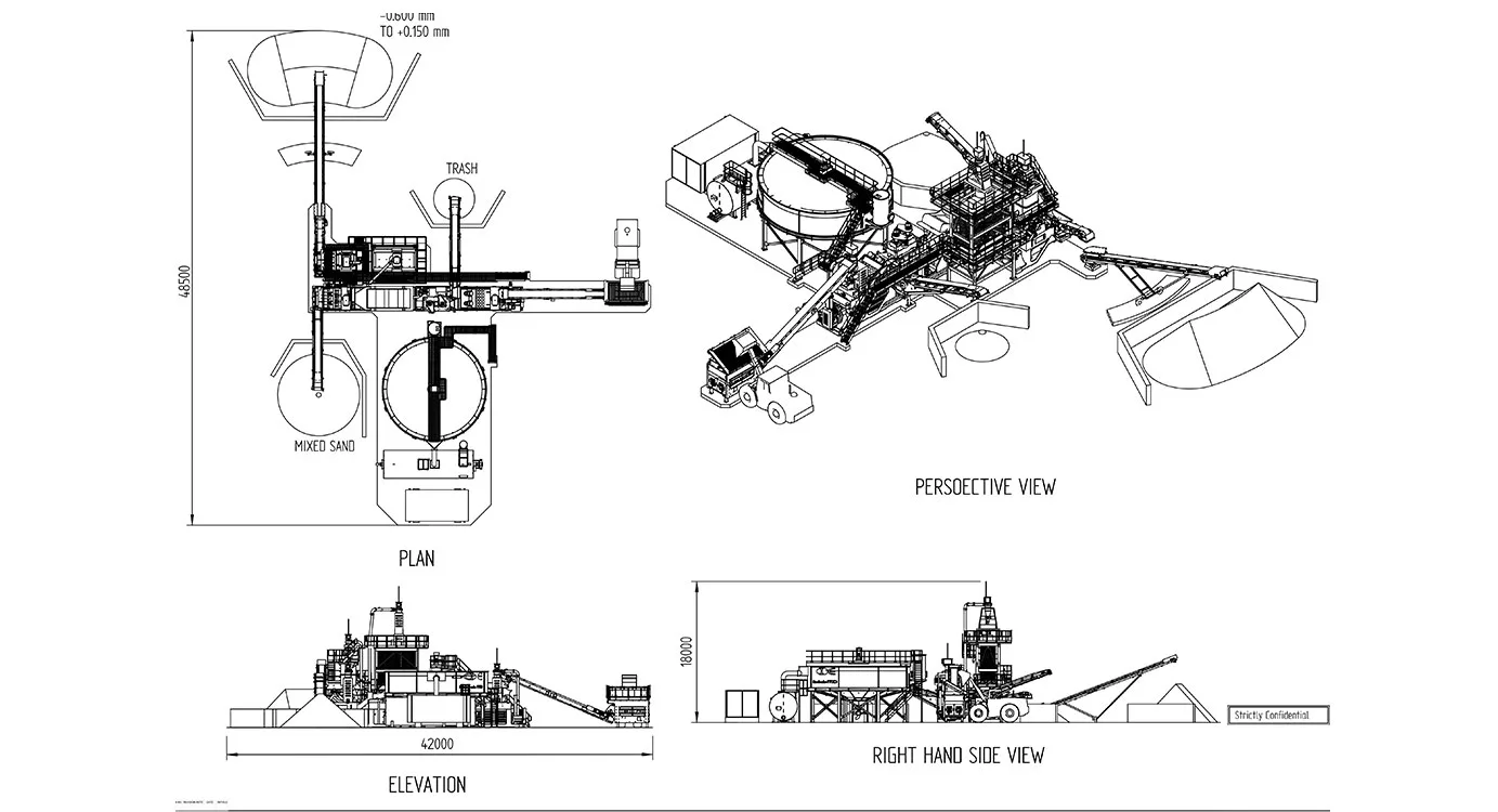 General arrangement drawing of the plant: plan, elevation and perspective views with dimensions