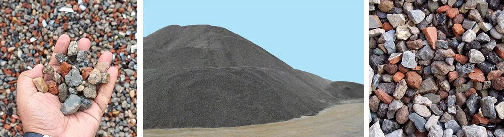 Three panels: a handful of mixed aggregate, a dark conical stockpile, and close-up of red and grey chippings