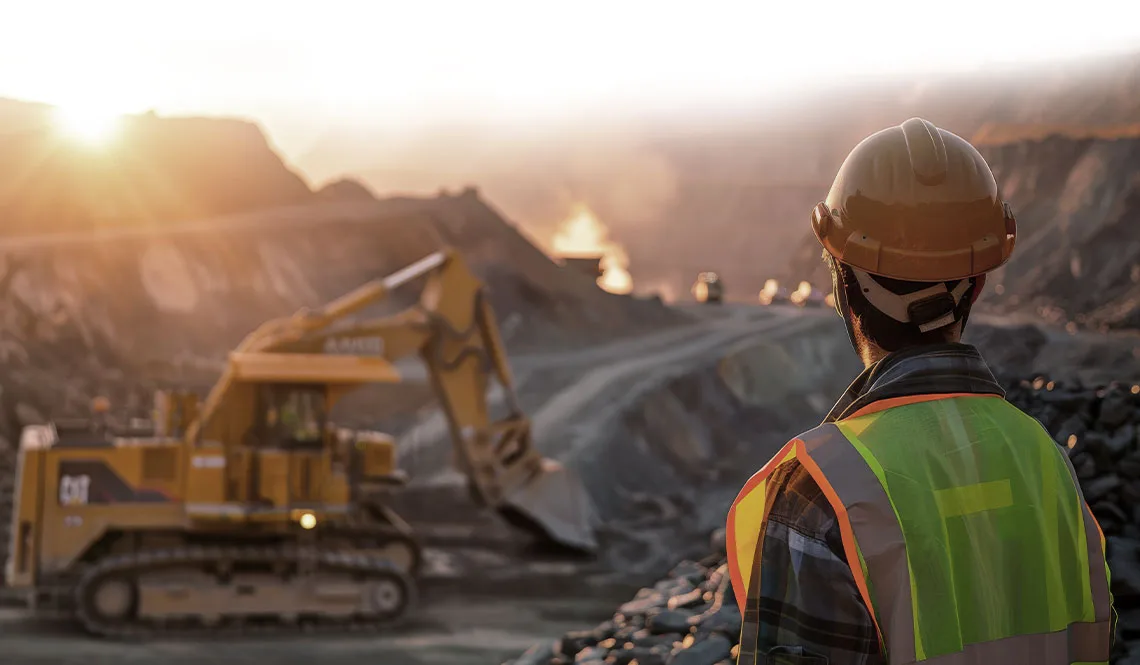 A worker in hard hat and hi-vis watching an excavator load at sunrise in an open pit