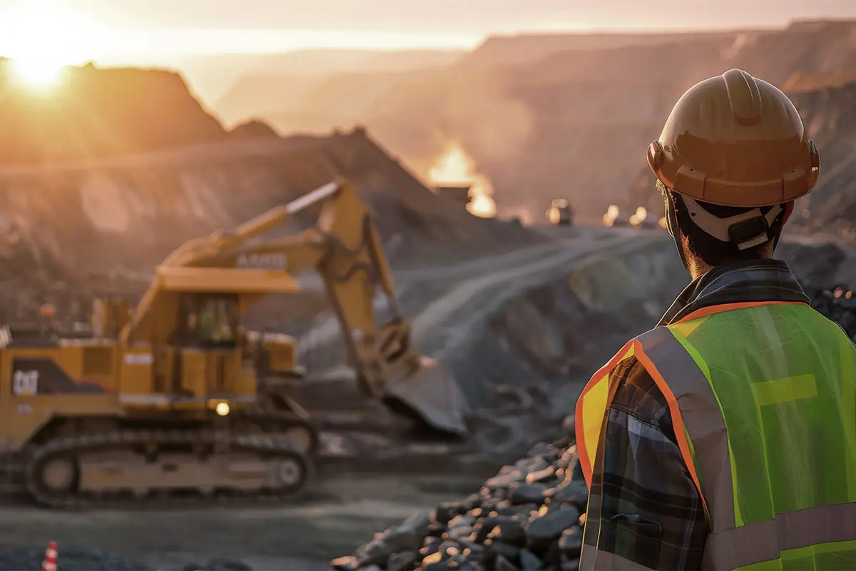 A worker in hard hat and hi-vis watching an excavator load in an open-cast pit at sunrise