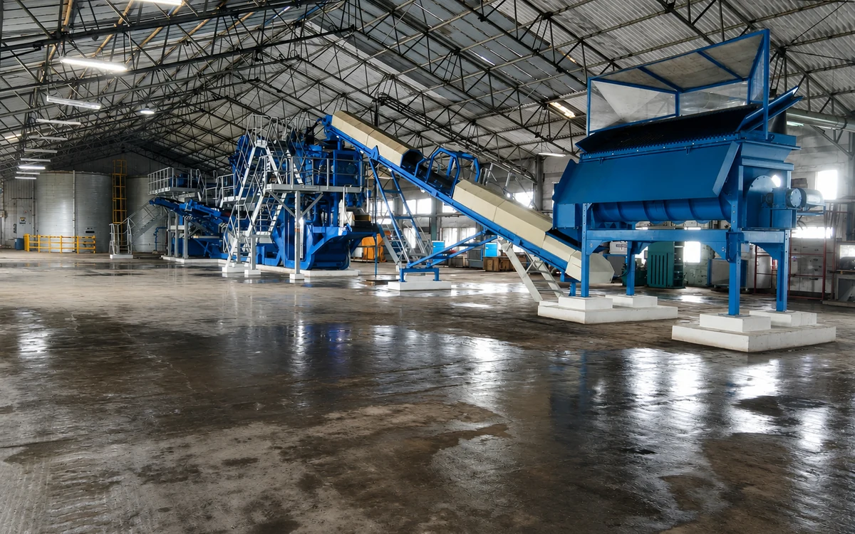 The Kodaikanal soil remediation plant inside its shed, a blue washing and classification line on a galvanised access structure with an operator on the top walkway and two sludge skips on the wet concrete floor in front