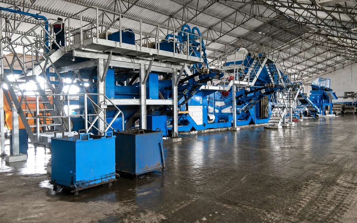 Feed end of the Kodaikanal soil remediation plant, a blue scrubbing drum on concrete plinths with the feed conveyor running up to the washing modules behind it