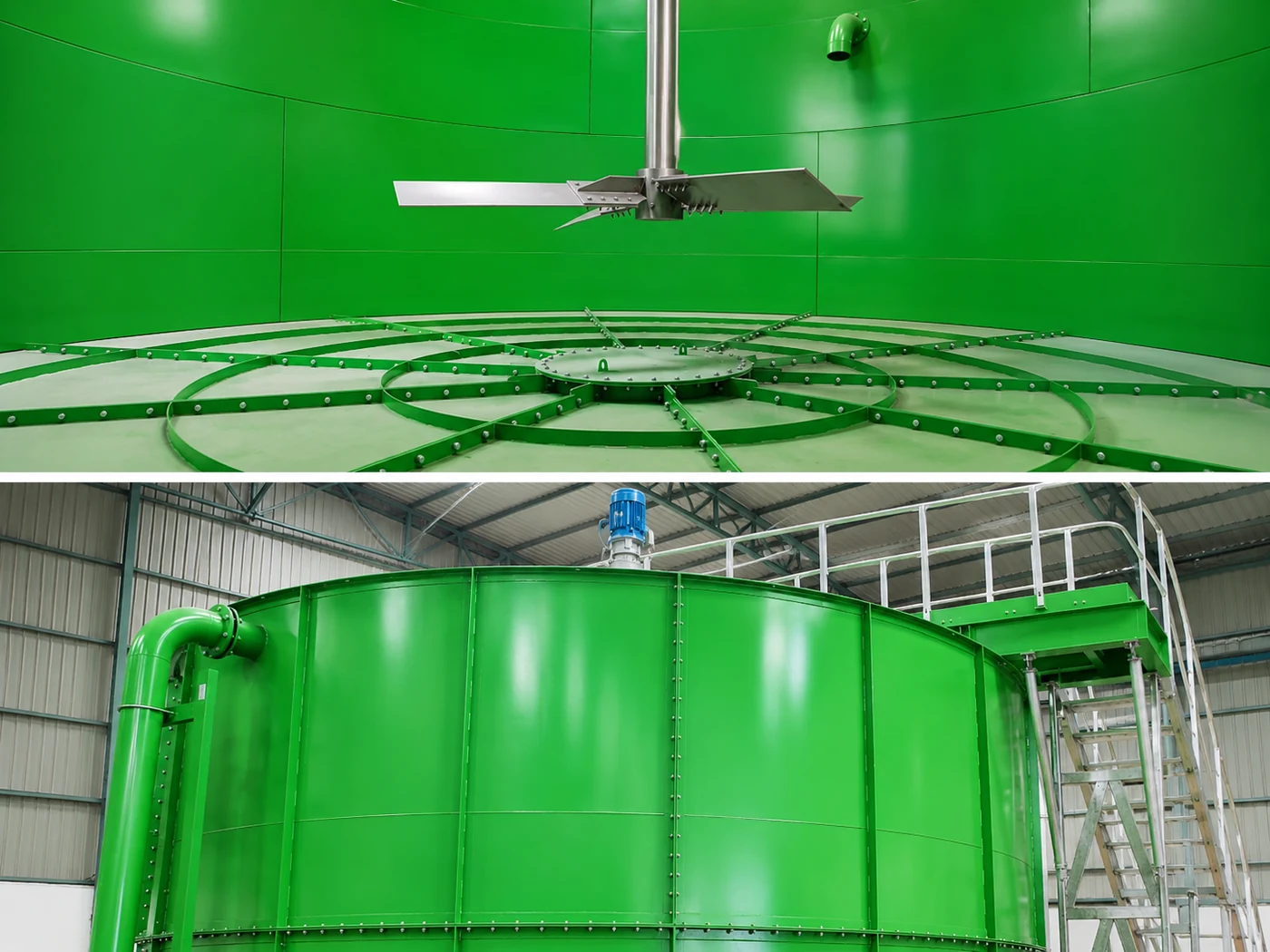 Two views of a buffer tank for a filter press: inside, the agitator blades above the bolted sectional floor; outside, the green tank in the works with its drive motor on top and access stairs and platform alongside