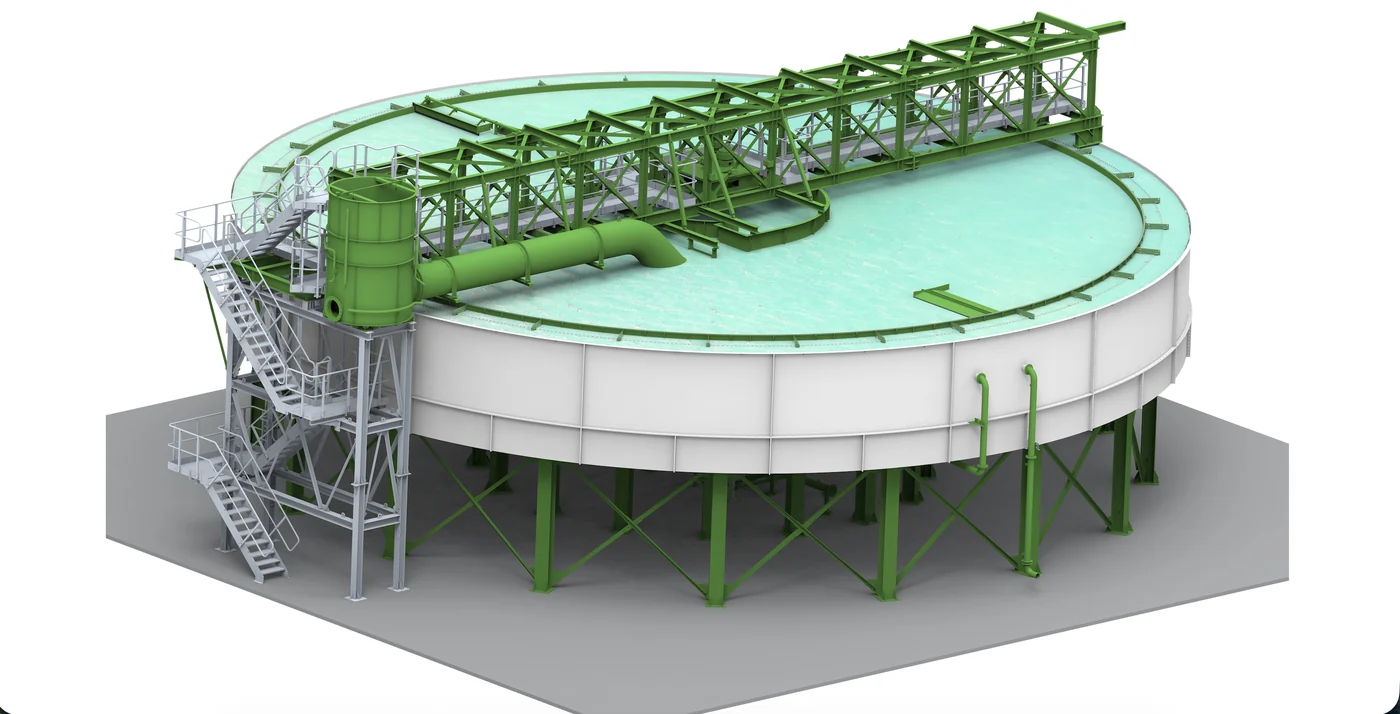 Render of the Hydromax H3500 high rate thickener, the largest in the range, showing the bolted sectional tank, full-diameter bridge and walkway, feed launder and sludge pumping station