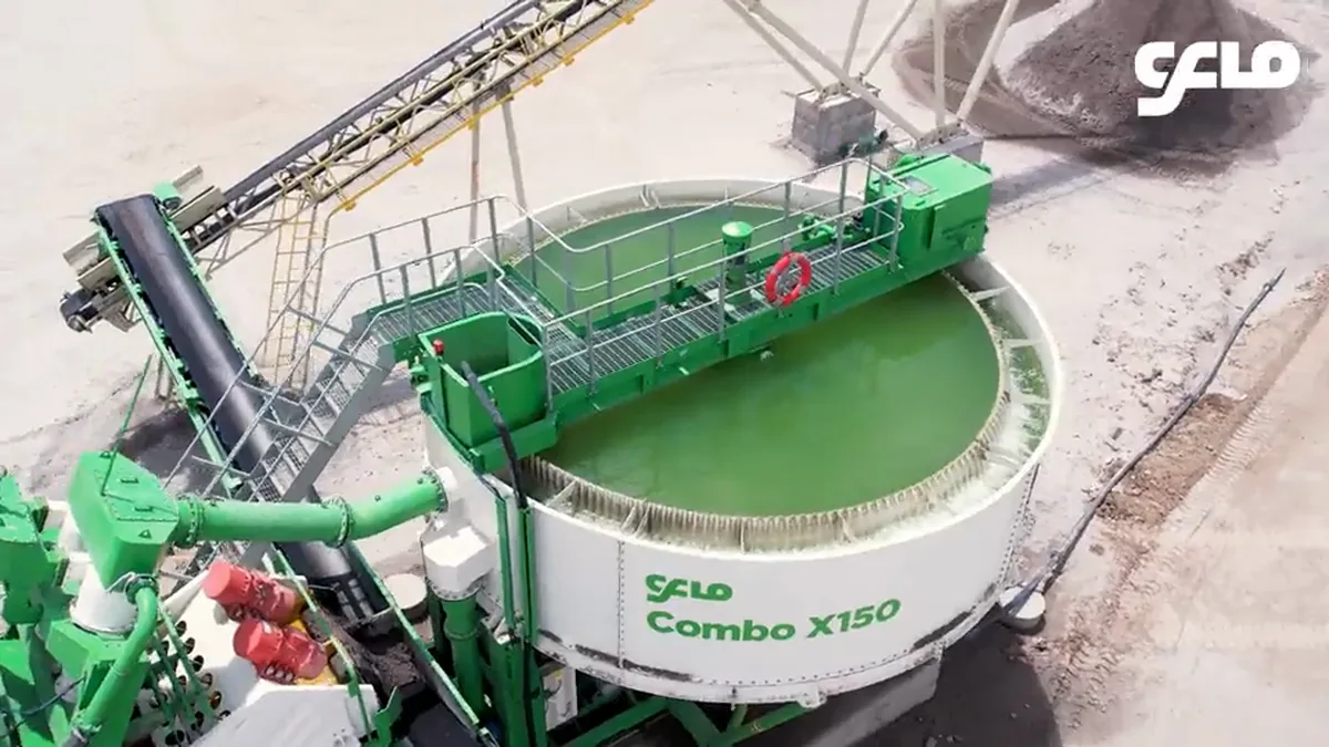 Clarified process water overflowing the launder of a Hydromax high-rate thickener and returning to the wash plant