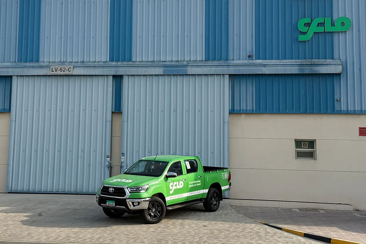 CFlo service pickup outside unit LV-62-C of the CFlo World FZE service hub in the Hamriyah Free Zone, Sharjah
