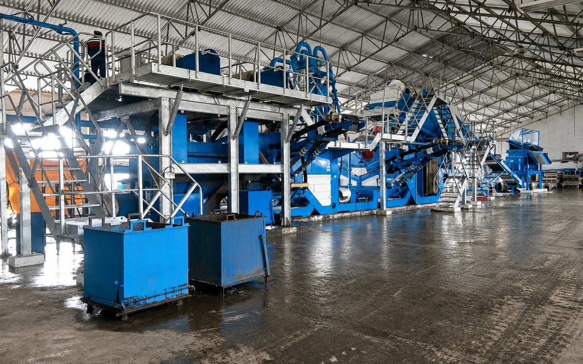 Feed end of the Kodaikanal soil remediation plant, the scrubbing drum on concrete plinths with the feed conveyor running up to the classification and dewatering modules behind