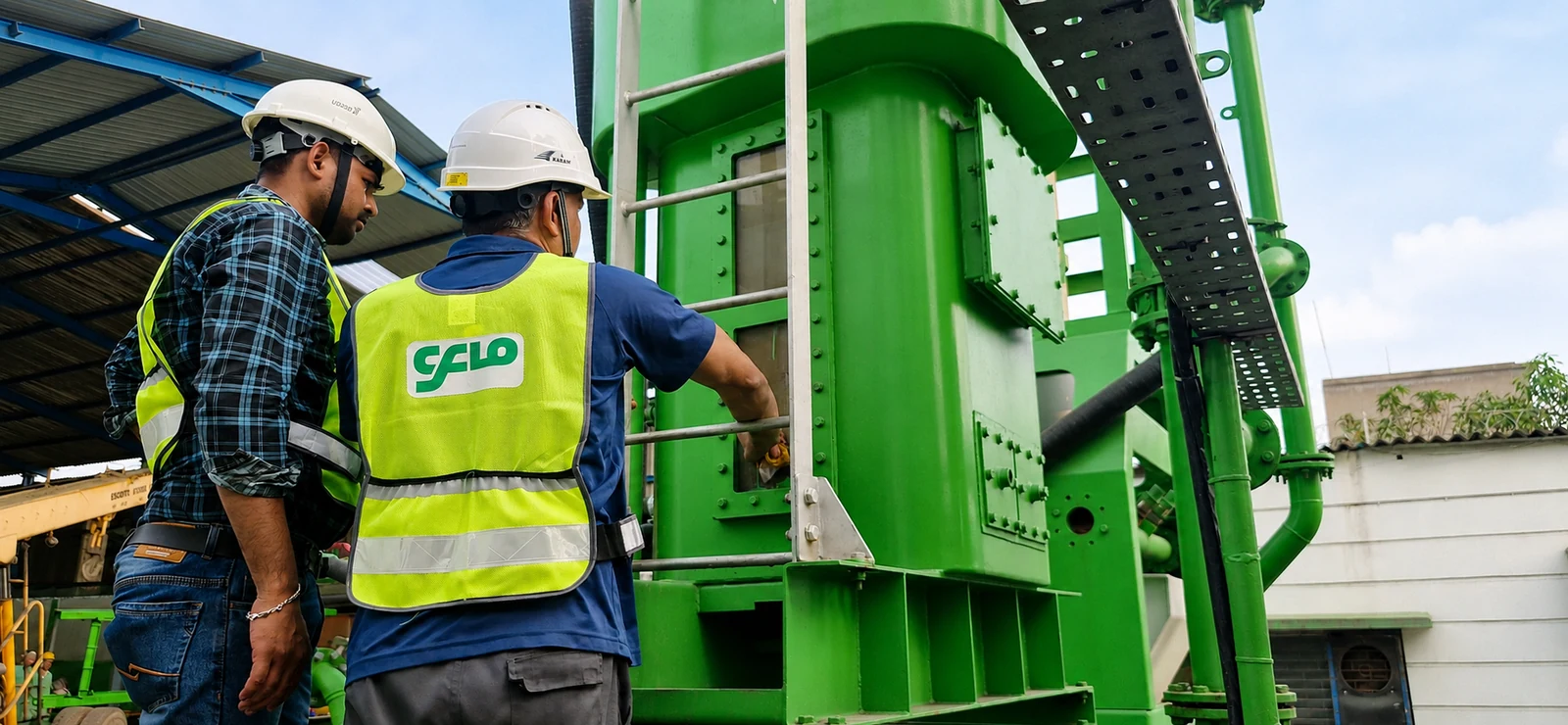 Two CFlo engineers in hard hats and hi-vis at the side of a green classification tank, one reaching in to a inspection opening while the other watches