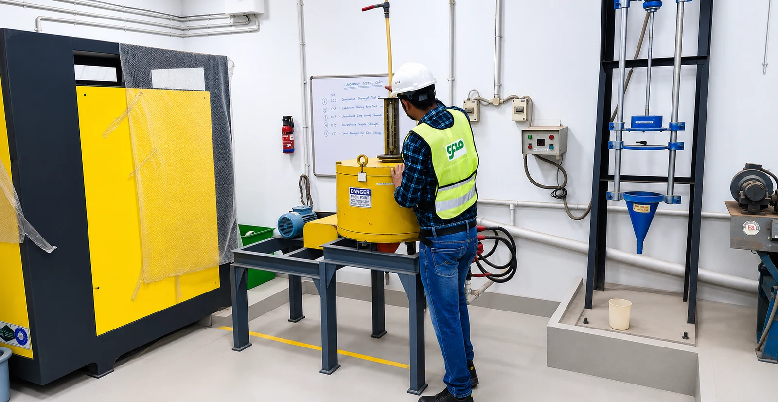 The construction materials side of the lab: an engineer in CFlo hi-vis at a yellow compaction machine, with a whiteboard behind listing the laboratory tests run and a CBR test frame and sieve apparatus along the far wall