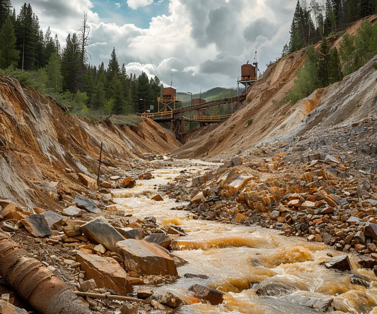 A shallow braided river running through disturbed ground at an alluvial gold working