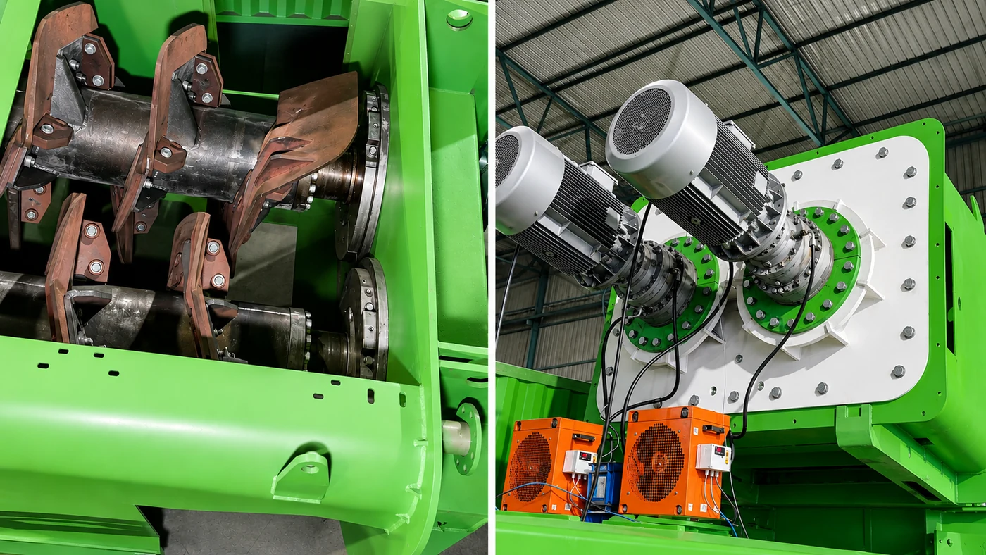Two views of a Scrubmax: on the left the twin shafts inside the open shell, carrying spiral high-chrome paddles on their brackets; on the right the two independent geared motors bolted to the white drive end plate, with their cooling units below