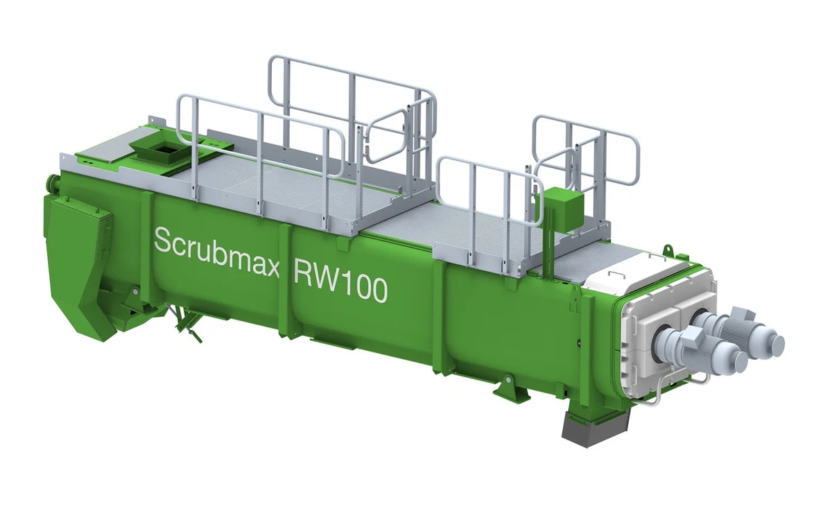 Cutaway view of a green Scrubmax RW100 twin shaft logwasher, showing the feed chute, the galvanised walkway along the top of the shell and the twin geared motor drives at the discharge end
