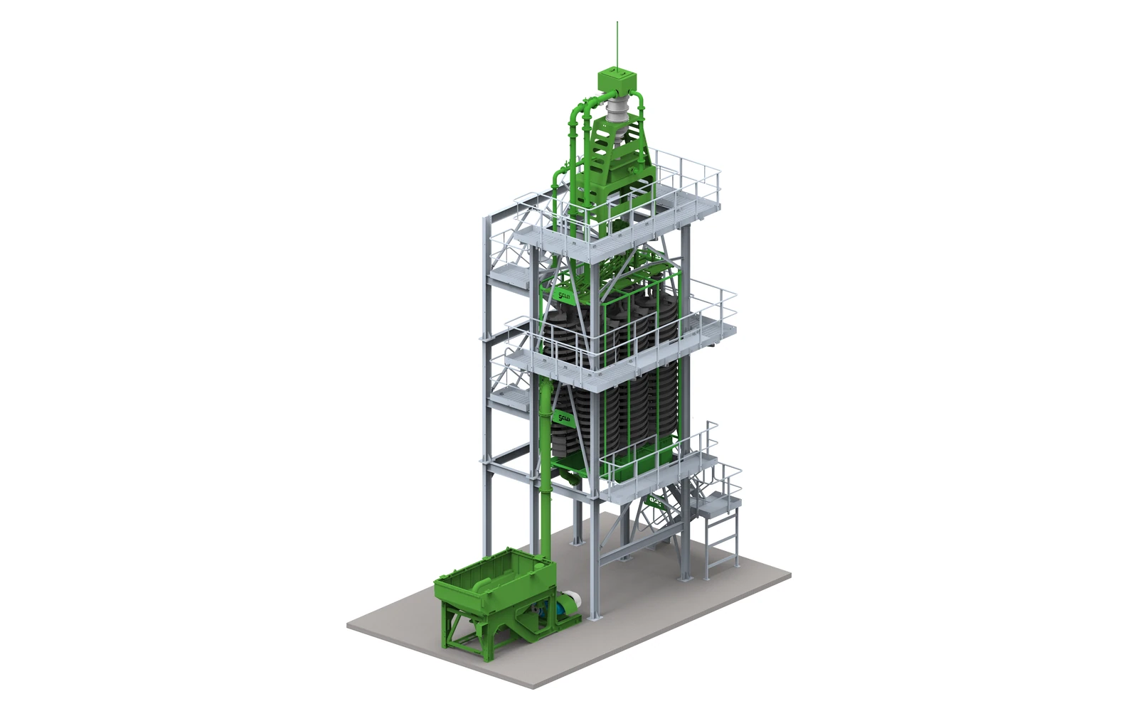 General arrangement of a Spiropure module: banks of green spiral concentrators stacked inside a galvanised access structure with walkways and stairs on three levels, the feed cyclone on the top deck and the slurry collection sump and pumping station on the ground beside it