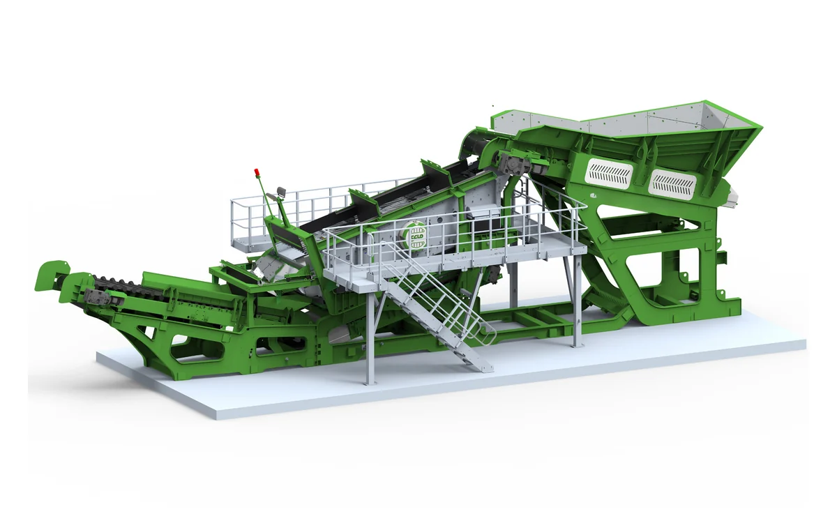 Green Strato scalping screener, the Hardox lined feed hopper at one end feeding a dual-deck screen, with the oversize discharge conveyor running out at the other and galvanised walkways and access stairs along the side
